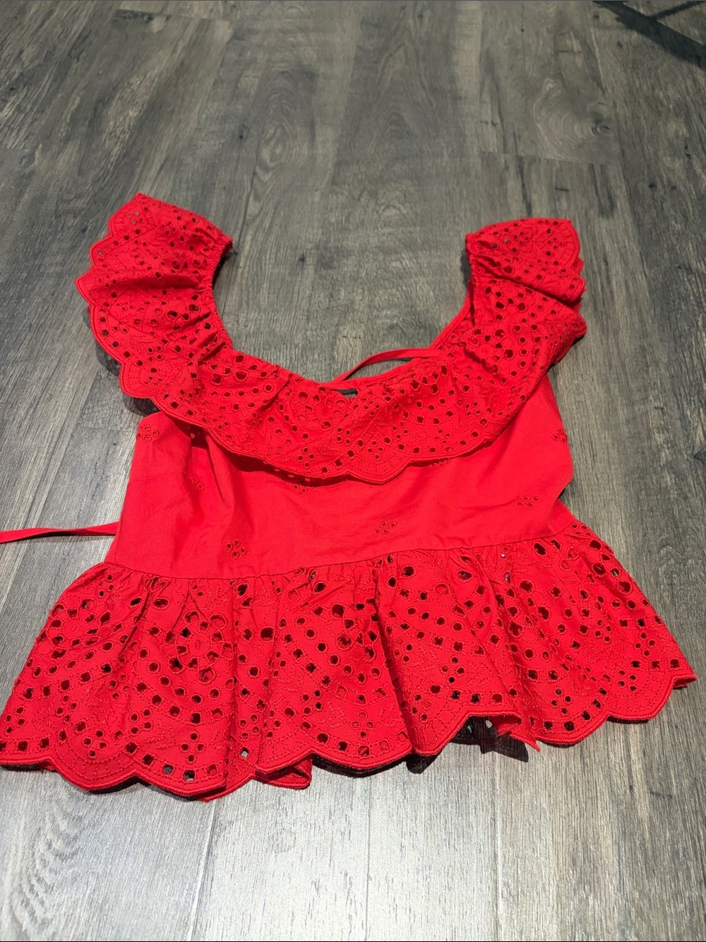 Red Eyelet Ruffle Peplum Top - Women